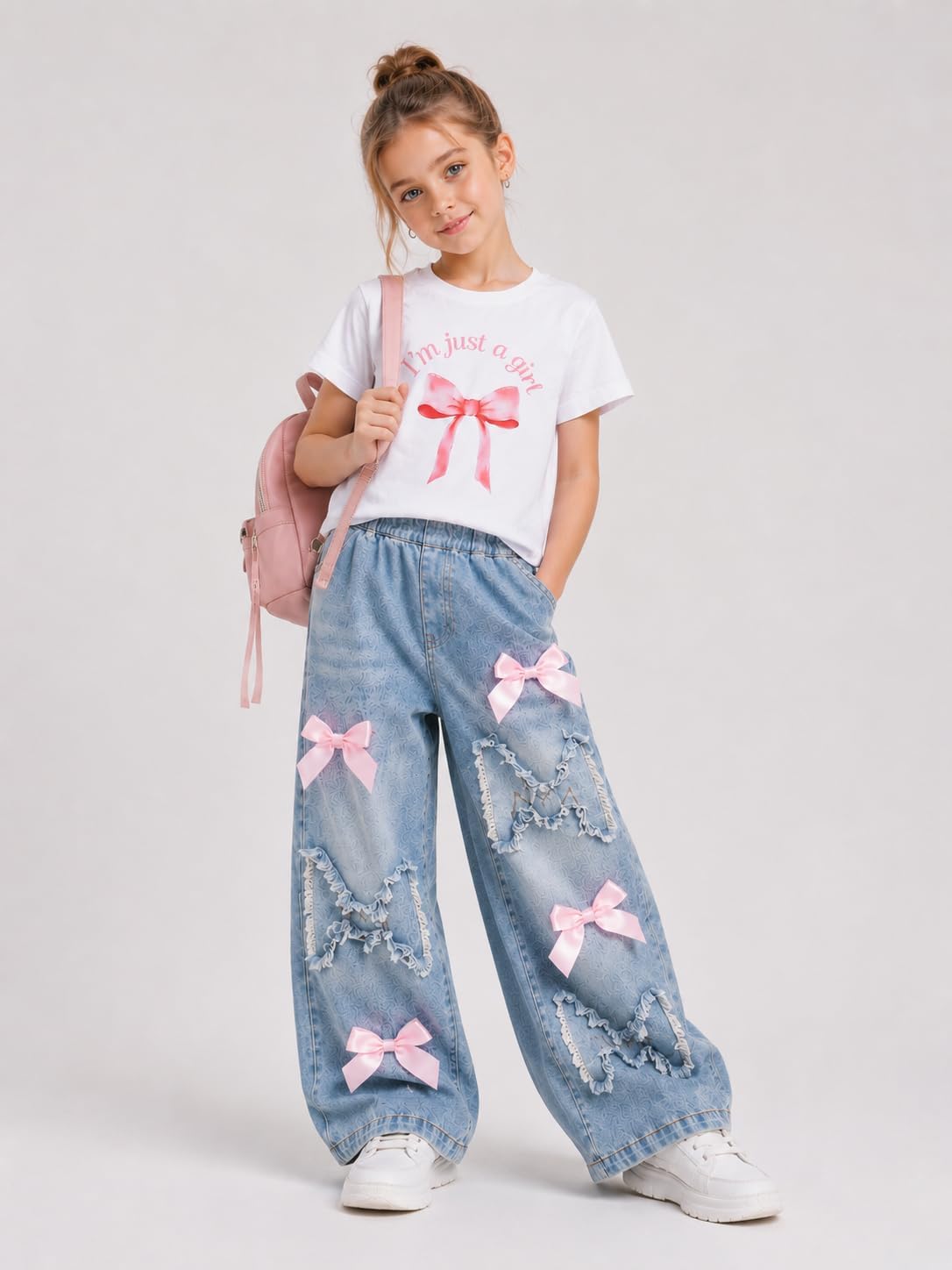 Cakaner Toddler Girls Clothes 2 Piece Cute Shirt and Wide Leg Jeans Kids Clothing Set Size 4-8