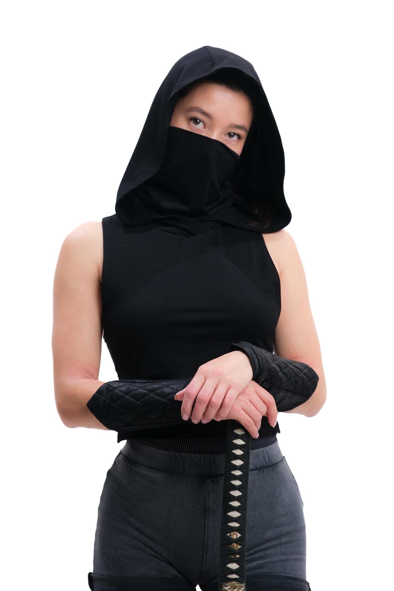 SIC HOODS Assassin Hooded Vest Top Womens Racer Back Festival Tank Built-in Front Layer & Detachable Snood Mask Rogue Ninja Apocalyptic (Small)