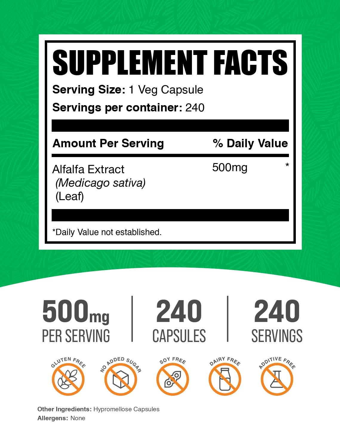 BulkSupplements.com Alfalfa Extract Capsules - Alfalfa Supplement, Green Superfood Supplement - Vegan & Gluten Free, 1 Capsule per Serving (500mg), 240 Count (Pack of 1) — Amazon image 2