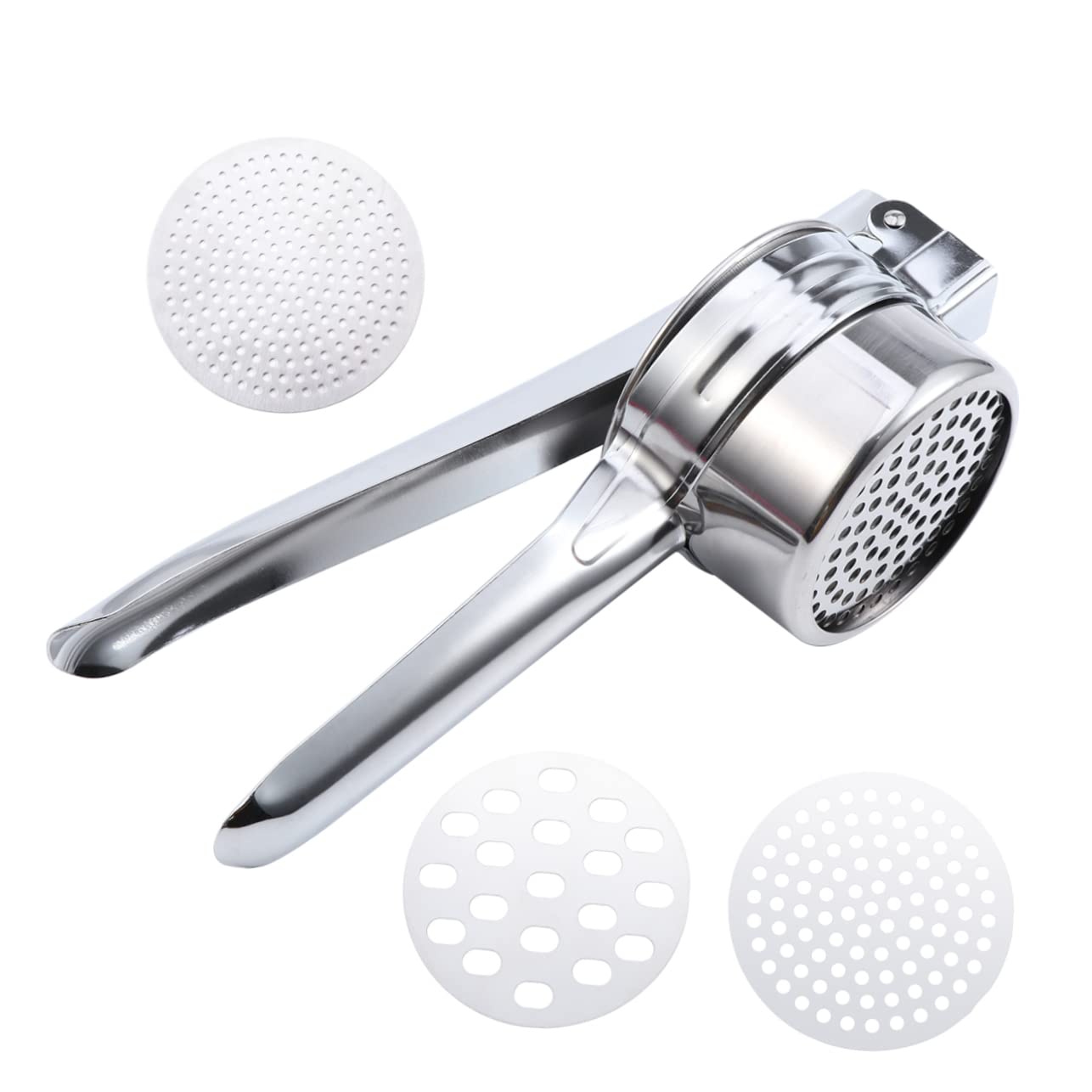 PRETYZOOM Stainless Steel Potato Ricer Food Press Strainer Fruit Masher 3 Interchangeable Disks Easy to Use