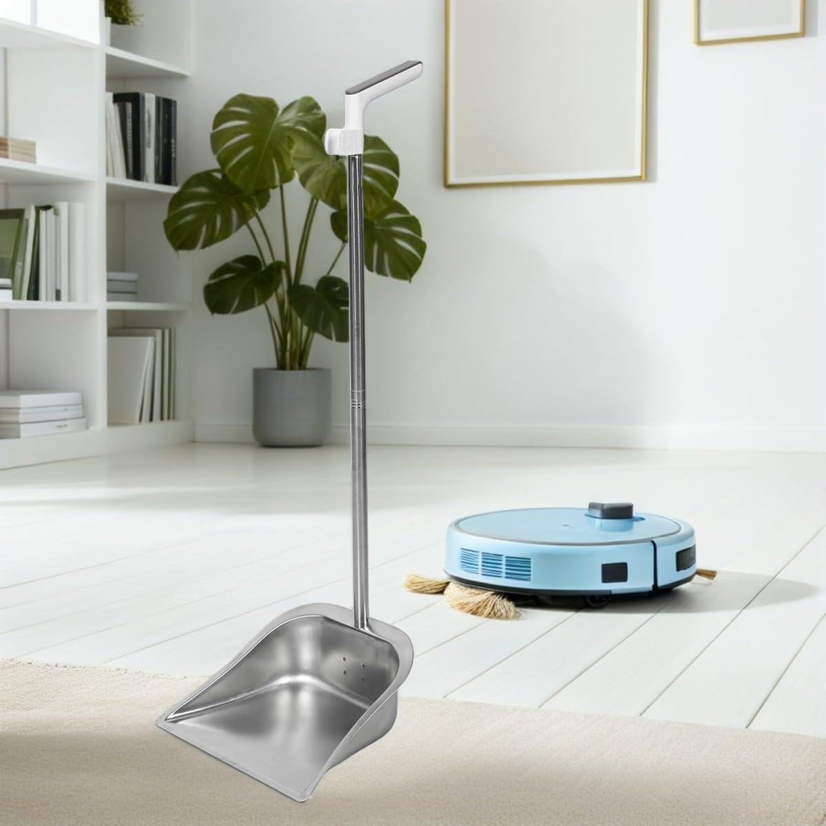 Heavy Duty Stainless Steel Dust Pan with Curved Handle and Straight Edge, Efficiently Collects Sharp Stones and Kitchen Scraps, Self Standing Garbage Shovel for Workshop