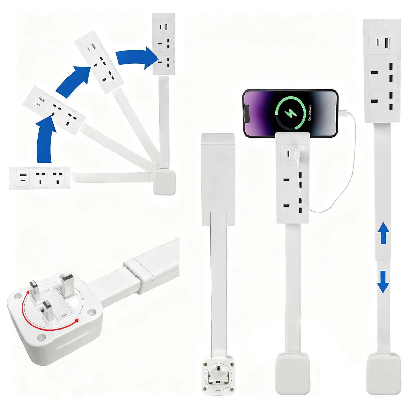 Plug Extension Socket,Access Hard-to-Reach Outlets! Multi Plug Adaptor Socket Extensions- Plug Adapter Plug Uk Extension Plugs 17"-27", Rotates 180°,Use Behind Couches, Nightstands, Desks, and More（1）
