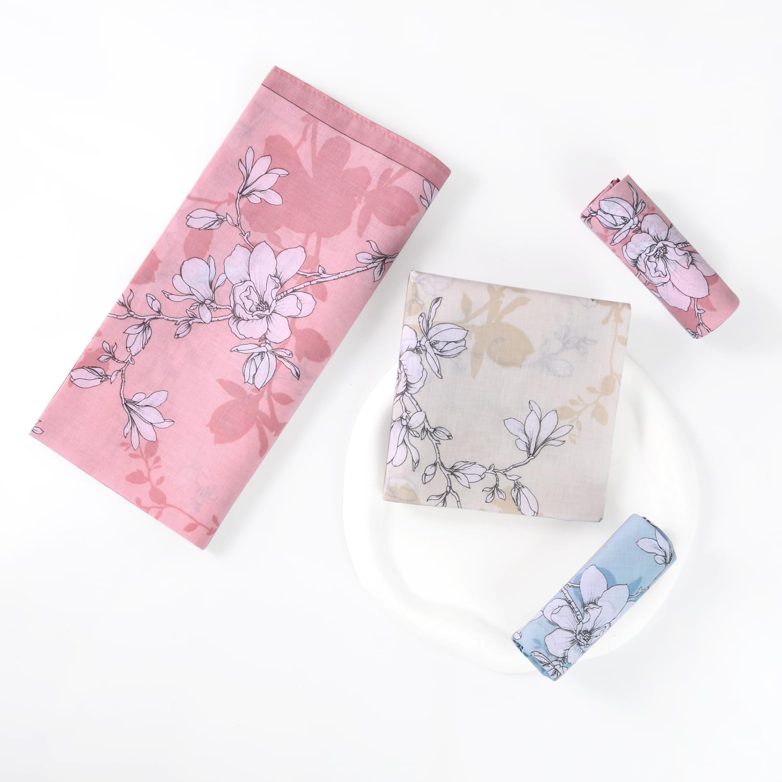 HOULIFE Mouchoir Tissu - Mouchoirs en Tissu Femme, Grands Mouchoirs Tissus en Pur Coton Peigné Motif Fleur Doux pour Mariage Usage Quotidien, Lot de 6/12 Pièces, 45x45cm, Fleur 1