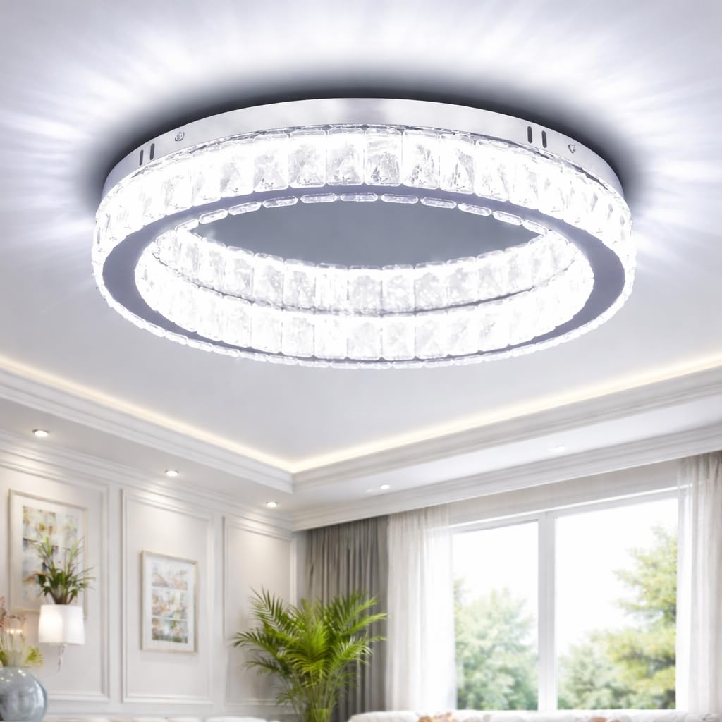 Hometric Crystal Flush Mount Ceiling Light 2700K-6500K Fixtures Modern Round LED Chandelier Light Fixture Ceiling Lamp for Living Room Dining Room Kitchen 48W - Warm to Cool