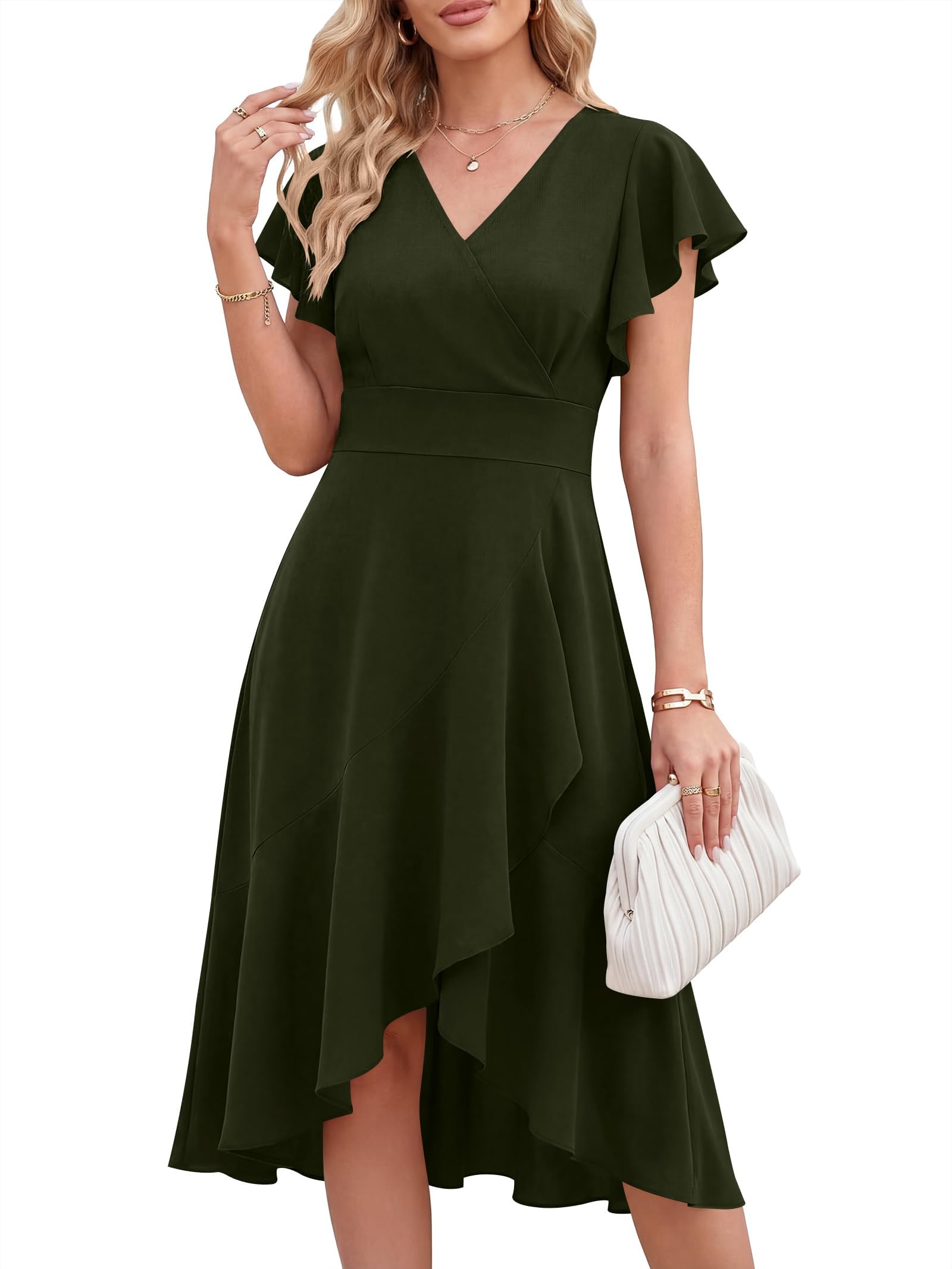 Vestido largo con cuello en V y mangas con volantes para mujer, elegante, con cintura cruzada, para coro, boda, dama de honor, cóctel, fiesta, 2026