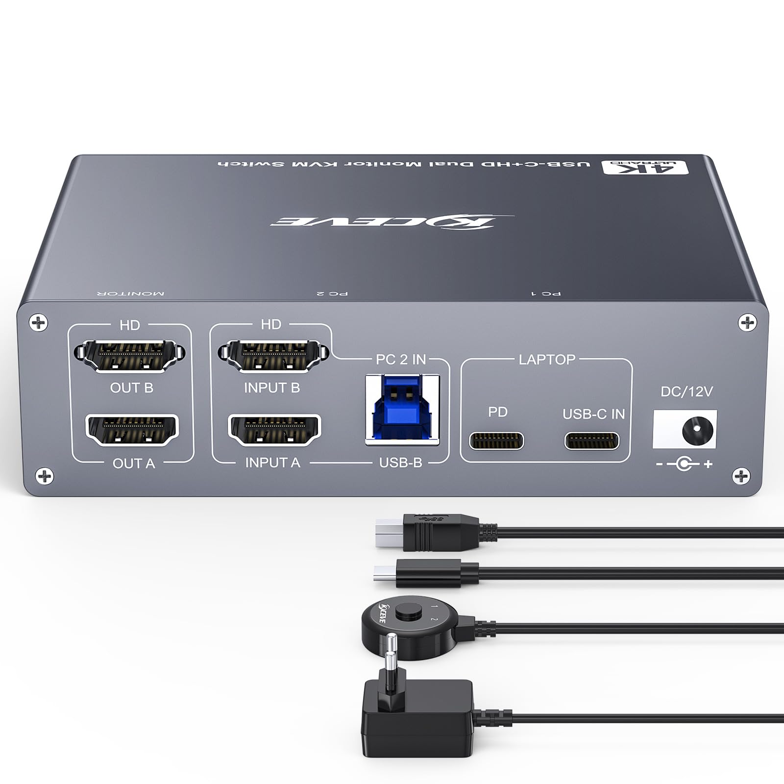 Switch KVM 2 Monitor per 1 Laptop 1 Desktop PC, USB 3.0 KVM Switch 2 PC 2 Monitor USB-C, 4K @ 60 Hz, MST, PD 100 W, Aluminium, Wired Remote(4K USBC HD 2 in 2 out)