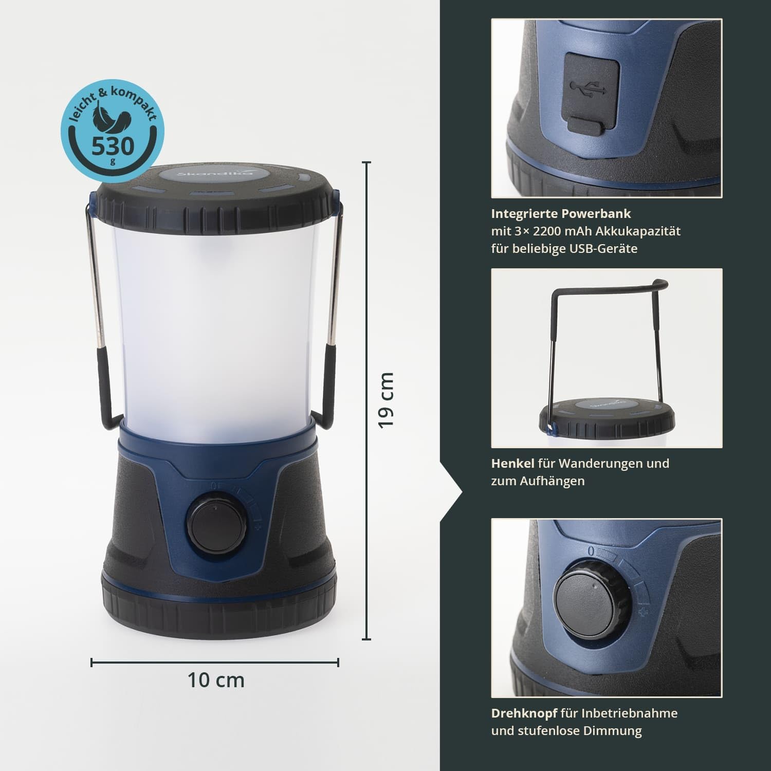 Skandika Lampada da campeggio Talvik | Lampada LED, 1500 lumen, ricaricabile, 4400 mAh, dimmerabile all'infinito, funzione power bank | Lampada per campeggio, outdoor, escursionismo