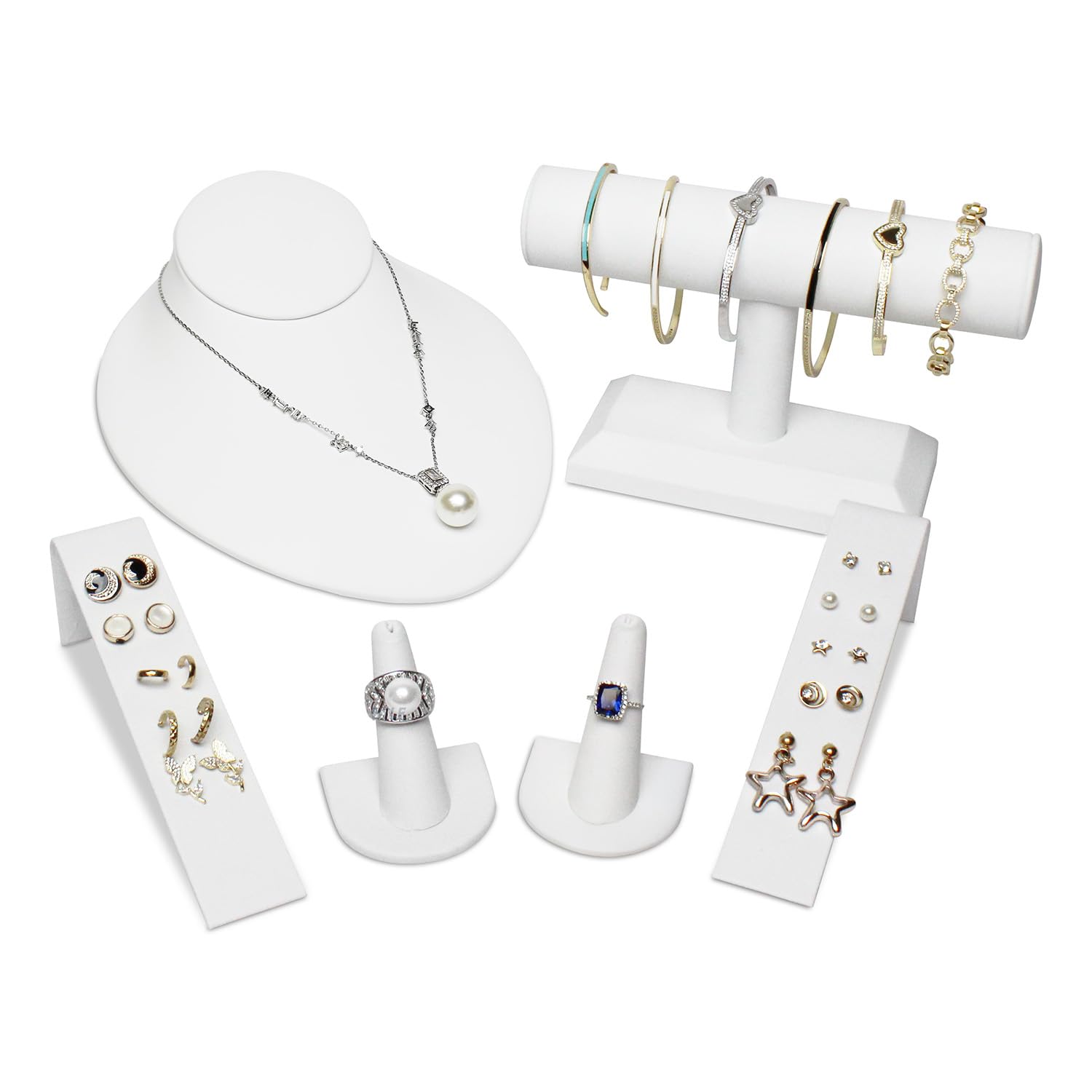 MOOCA 6-Piece Jewelry Display Set, Necklace Display Bust, T-Bar Bracelet Stand, Earring Organizer, Ring Holder Stand for Showcase and Store, Premium White Faux Leather