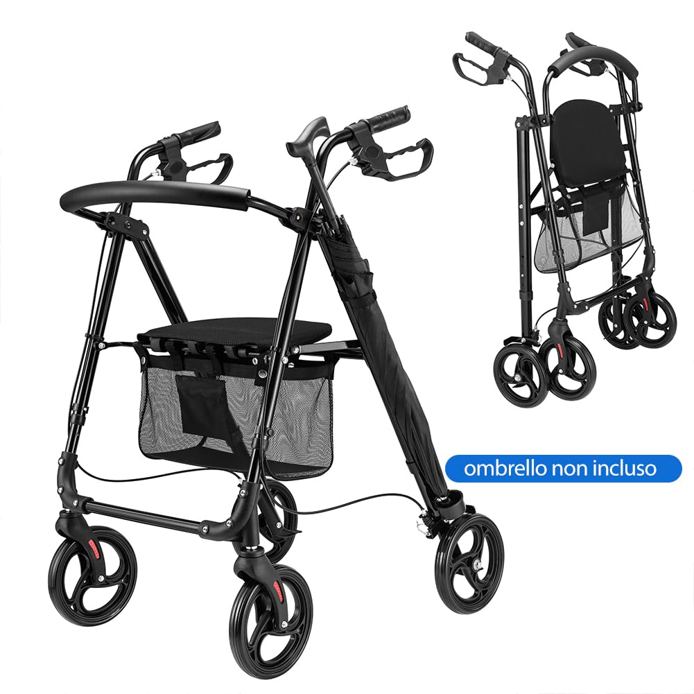 BAKAJI Andador plegable y ahorra espacio con asiento y bolsa de red portaobjetos, Walker Rollator con soporte para paraguas, ideal para personas mayores, discapacitados y personas con movilidad