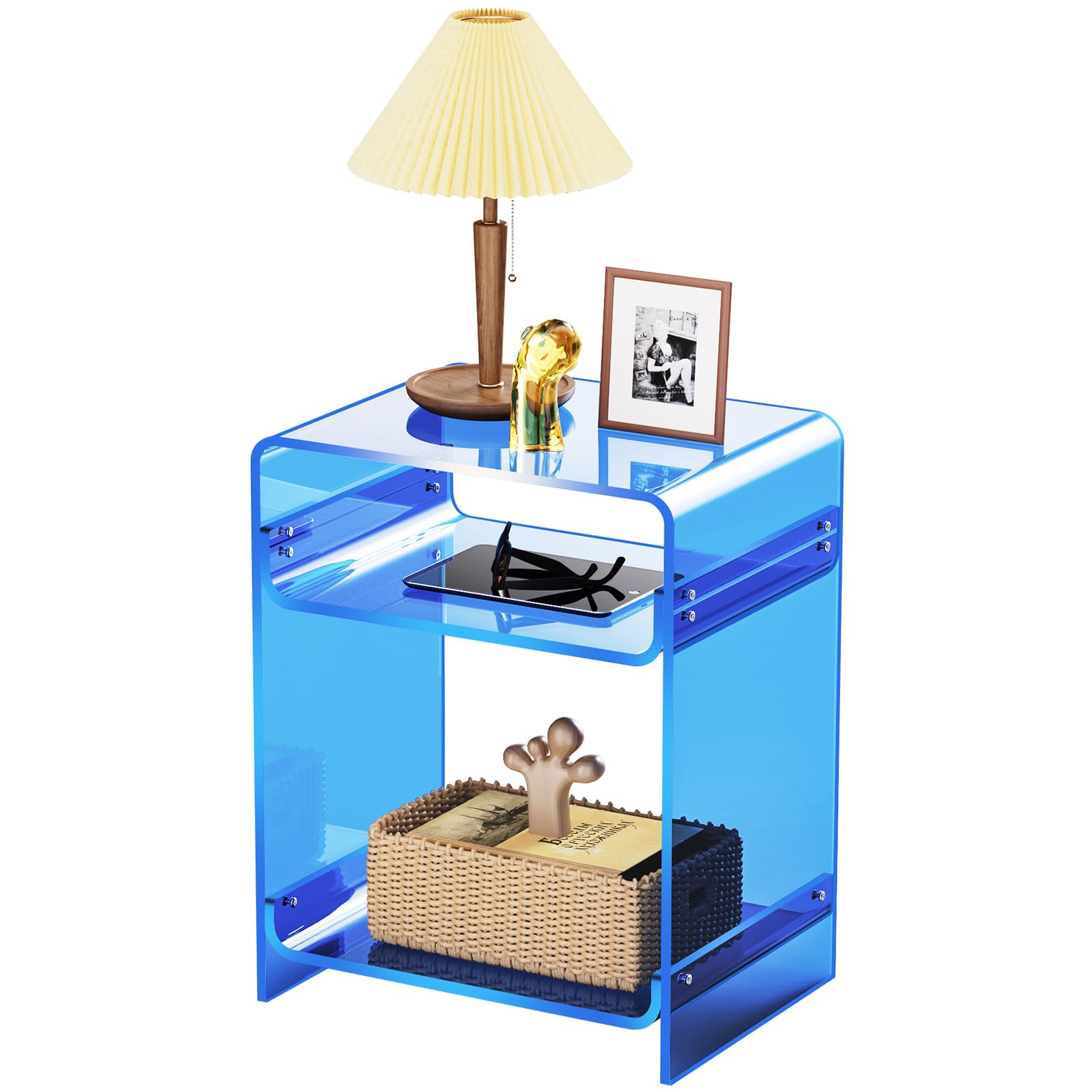 Acrylic End Table with Storage Shelf, Clear Side Table, Record Player Table, Nightstand, 15.7x19.7x11.8 (Blue, 40ร30ร50 cm)