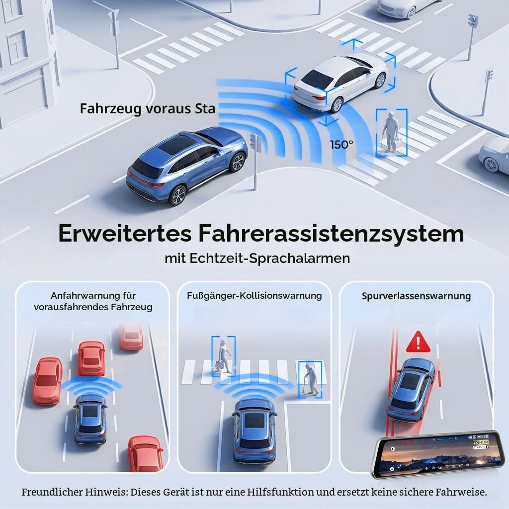 LD4K Max Spiegel-Dashcam 4K Frontkamera 1080p Rückkamera STARVIS 2 Sensor 5,8 GHz WLAN ADAS Sprachsteuerung Nachtsicht 128 GB Speicherkarte
