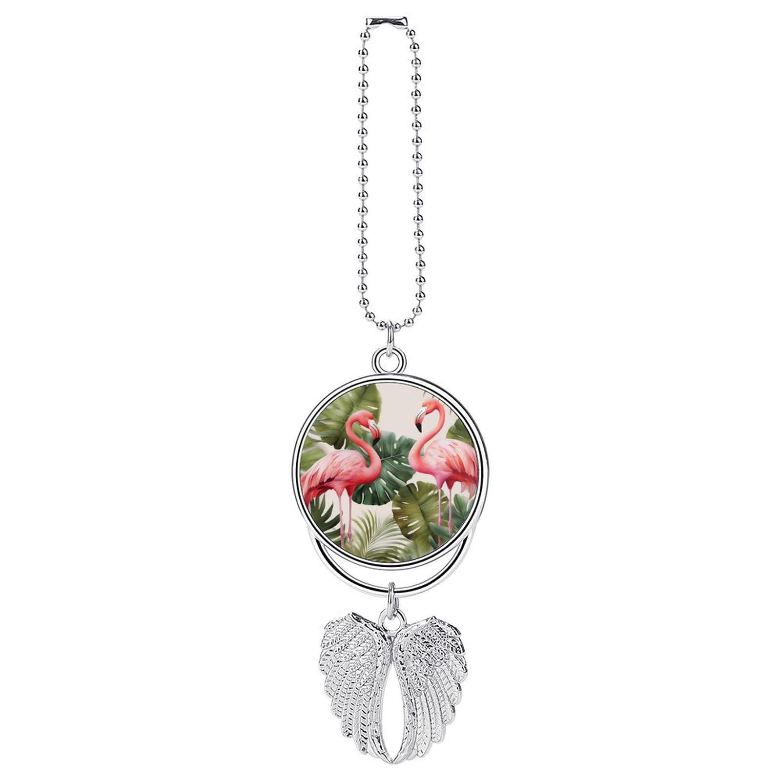 Flamingo Palm Trees Leaf Car Charm Alloy Car Rear View Mirrors Hanging Ornaments Stylish Car Pendant Funny Auto Hanging Accessories Car Hanging Ornaments Gift for Women Men