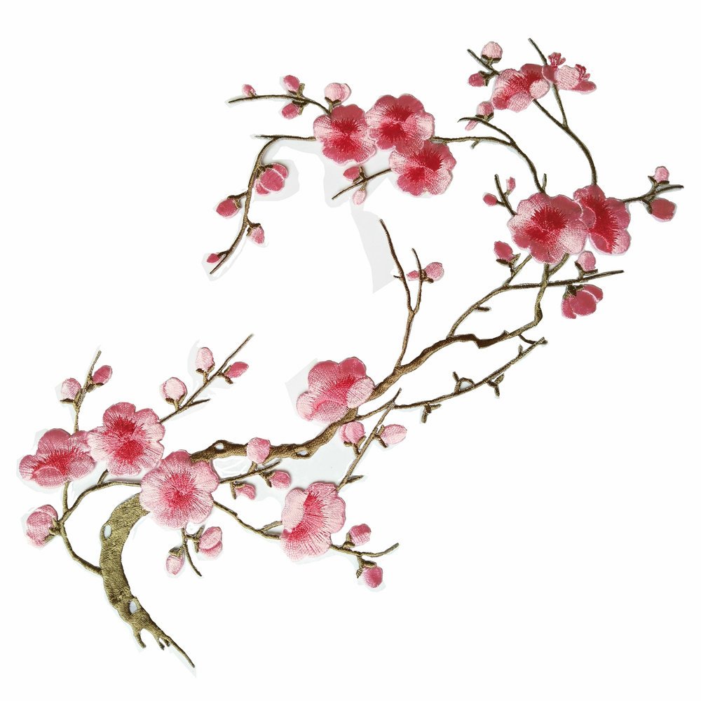 FJTANG(Pink/Khaki) - 1pcs Big Plum Blossom Iron On Patches Embroidery Flower Appliques 14.1"x7.5" (36x19cm) (Pink/Khaki)