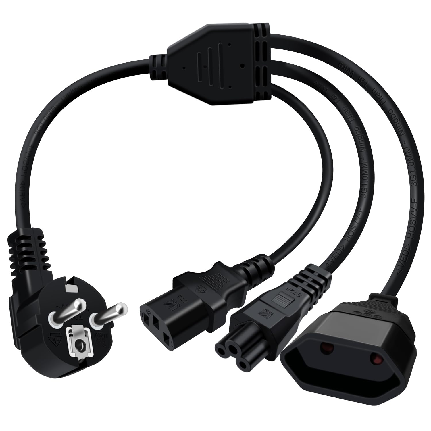 Kaltgerätekabel Y-Splitter 0,5m – Typ F Auf C13+C5+Euro, 16A/250V, Für PC, Monitor & Mehr