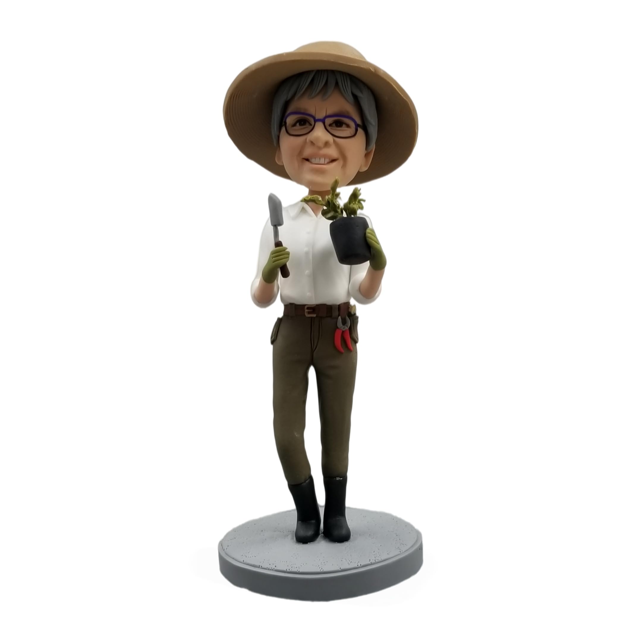 Figurine 3D personnalisée de photo de jardinière féminine Bobbleheads - Cadeau fait main pour les amateurs de plantes, horticulteur - Décoration de bureau à collectionner