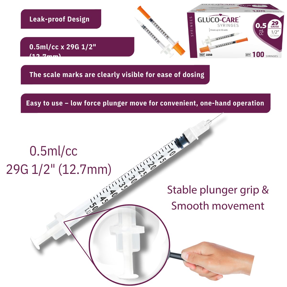 Jeringas de 0,5 ml/cc, 29 g x 12,7 mm, 100 unidades por caja