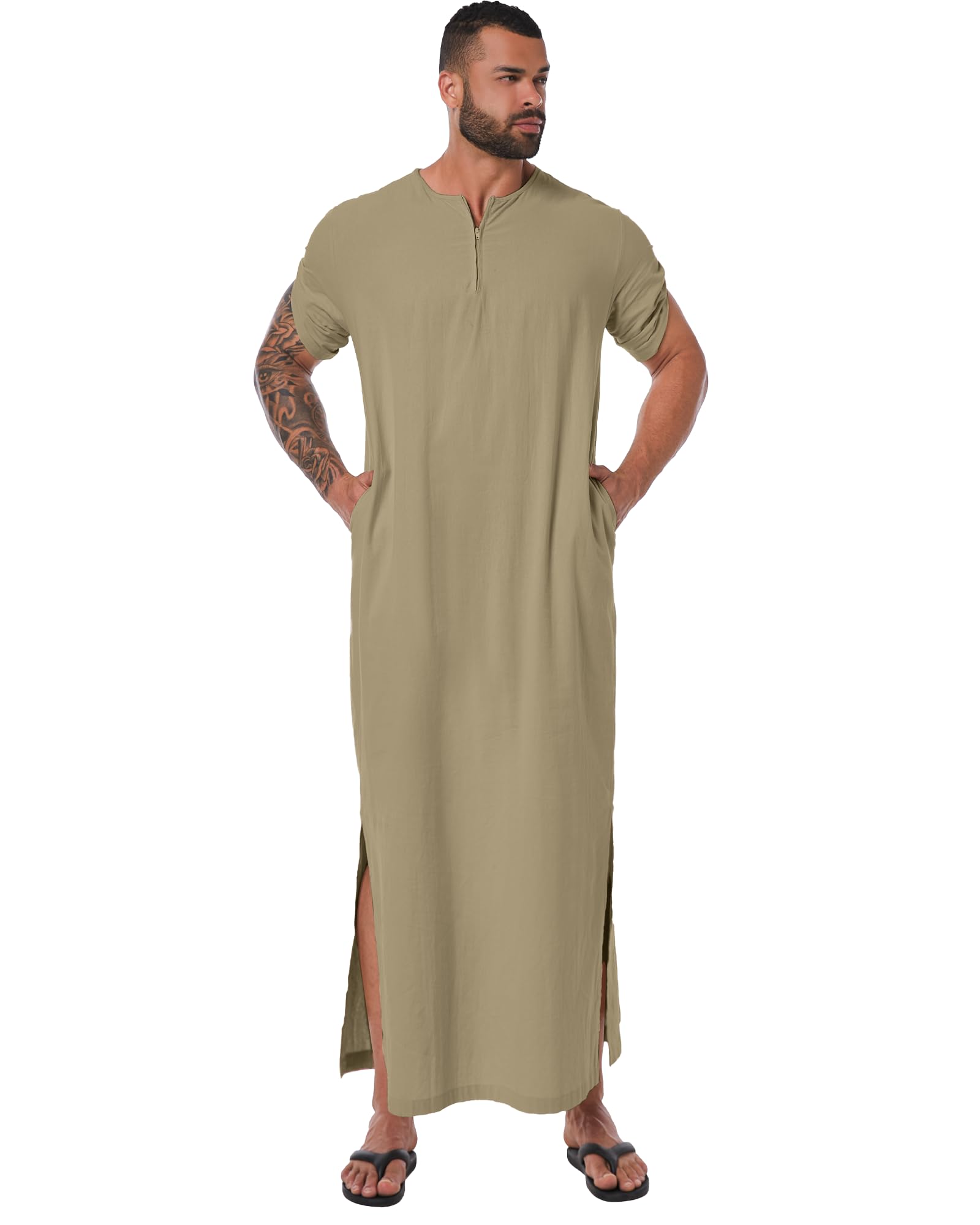 YAOHUOLE Kaftan Herren Lang Sommer ThobeHerren Kurzarm Men Kaftan Thobe Herren Dunkel Khaki M