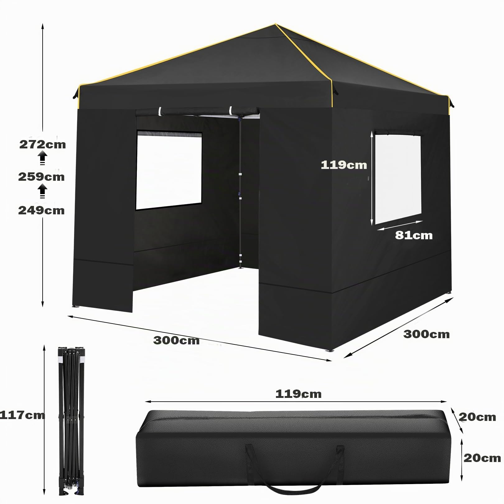 COBIZI Pavillon 3x3 Wasserdicht Stabil Faltpavillon 3x3 Profi mit 4 Seitenteilen Pop Up Pavillon Pavillon Faltbar UV-Schutz 50+ Partyzelt für Strand Hochzeit Camping（Schwarz） | Stahlrahmen (rostgeschützt), 3-fach höhenverstellbar 200-226cm, wasserdichte U