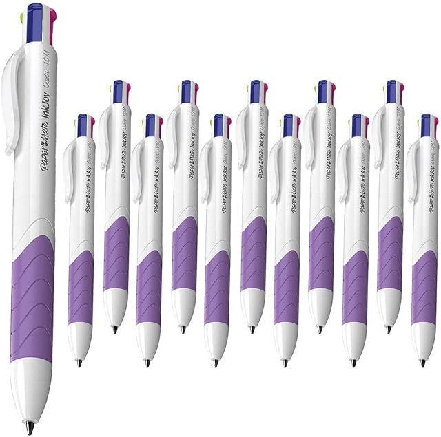 12 x Papermate InkJoy Quatro Retractable Ballpoint pens, 1.0mm Medium Point, White/Purple - Loose in Plain Packaging