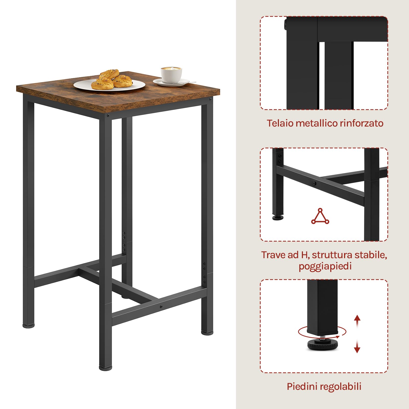 WOLTU Set Mobili da Bar Tavolo con 2 Sgabelli Alti Arredo per Cucina in Acciaio Legno, Tavolo Cucina 60 x 60 x 100 cm, Marrone rustico + Nero