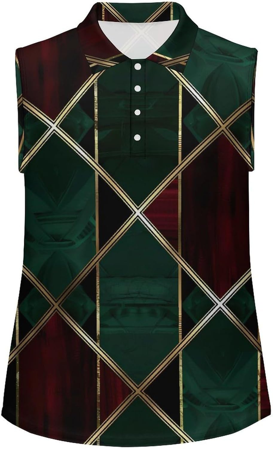 Green Red Gold Geometric Pattern Women Sleeveless Collared Golf Polo Shirt | V Neck Tank Top,Breathable Tennis Shirts