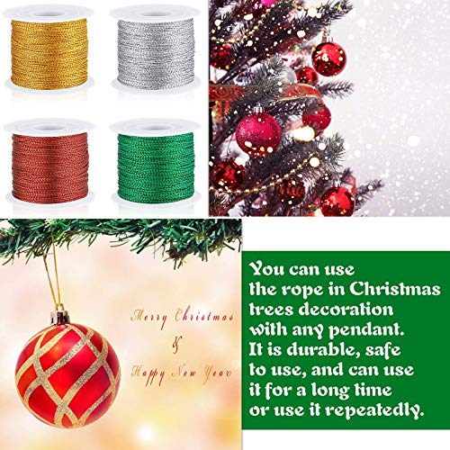 440 Yards Metallic Cord Tinsel Rope For Craft Jewelry Making, Ribbon Wrap Thread Tag Cord For Christmas Ornament Hanging Decoration (Gold, Silver, Red, Green) #TOP3