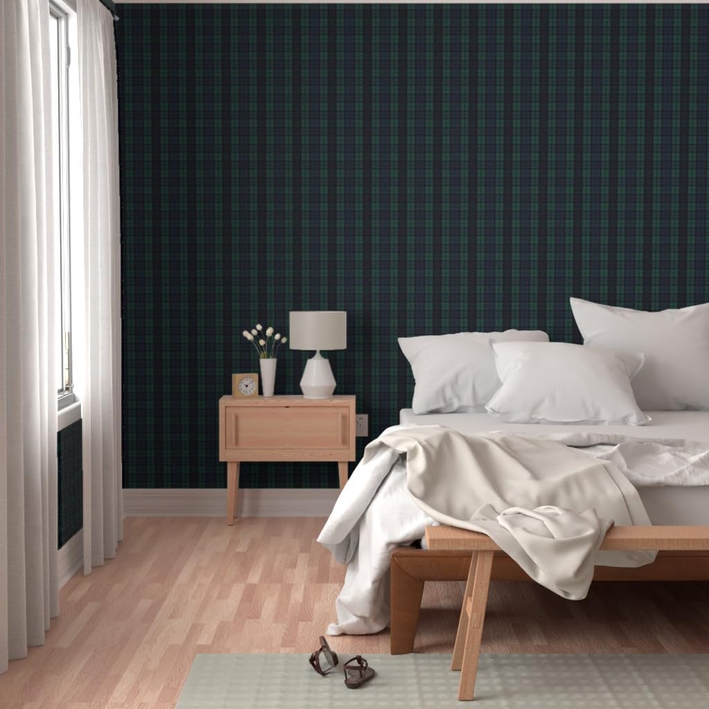 Spoonflower Peel & Stick Wallpaper 3ft x 2ft - Dark Green Plaid Navy Winter Tartan Custom Removable Wallpaper