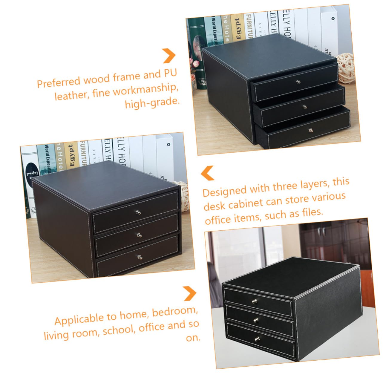 NUOBESTY Caja de Archivos de Escritorio A4 de Cuero Tres Cajones | Negro, Madera y Pu, 1 Pieza, Uso en Oficina y Dormitorio, Extracción Suave y Acceso Fácil
