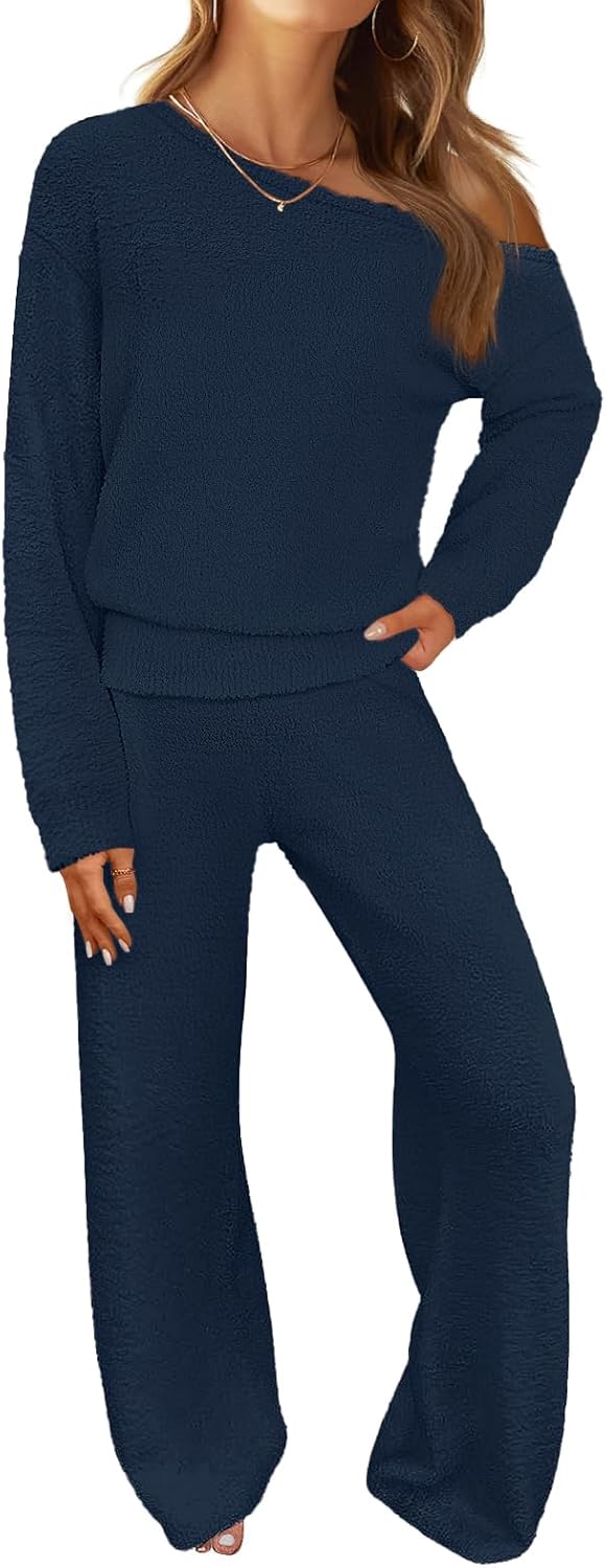 MEROKEETY Women's Fall Pajama Set Fuzzy Fleece 2 Piece Loungewear Off Shoulder Sweater Tops Wide Leg Pants Matching Outfits