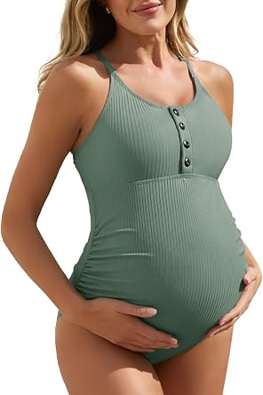 Summer Mae Maternity Swimsuit One Piece Bathing Suit Button Neck Cross Back