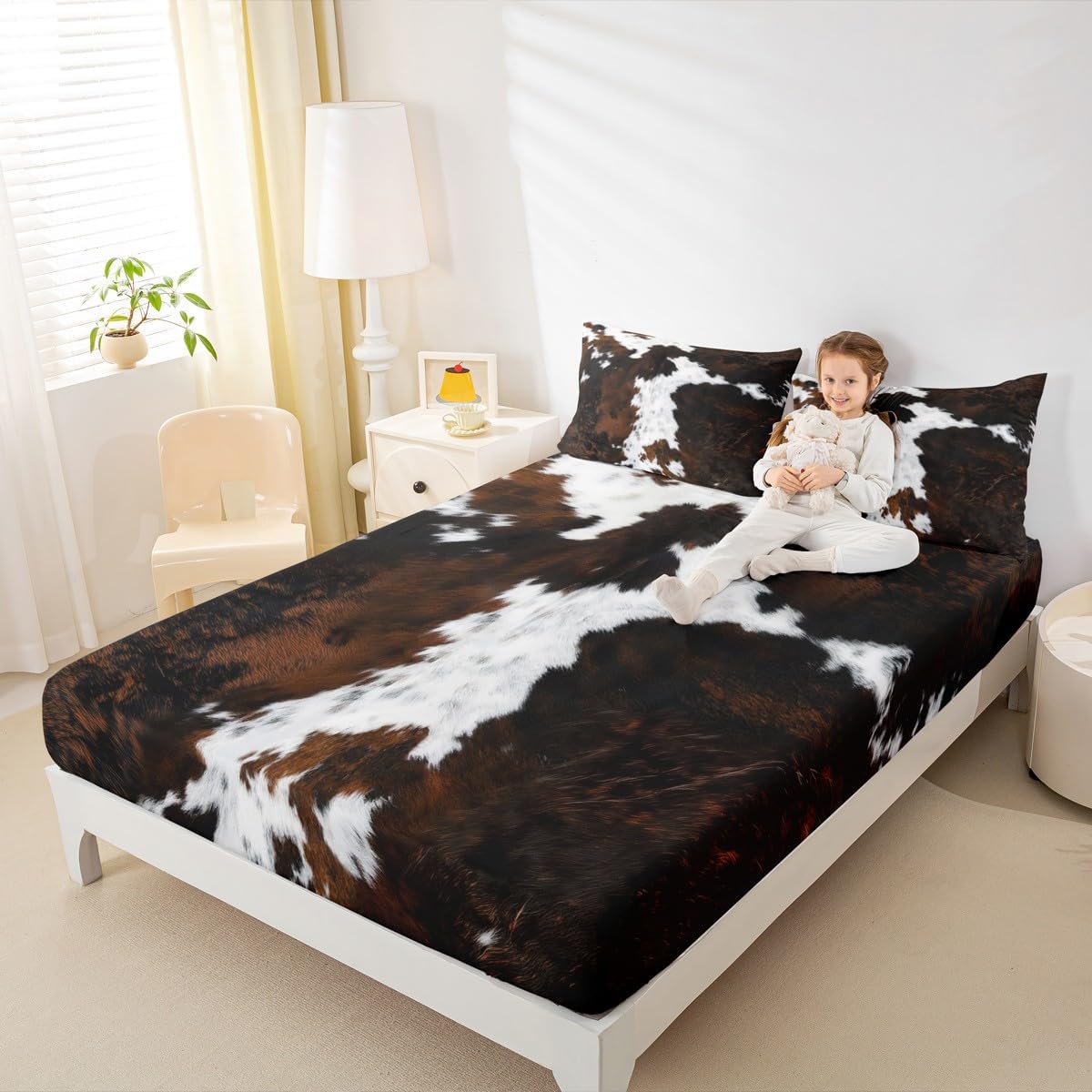 Cowhide Print Fitted Sheet Queen Size 3 Pcs, Cow Fur Pattern Theme Bedding Deep Pocket for Home Bedroom Decor, Maroon (1 Fitted Sheet+2 Pillowcases) No Flat Sheet