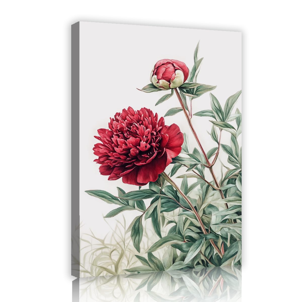 Via Vela Red Peony Floral Canvas Prints Framed Botanical Blossom Picture Victorian Elegant Flower Artwork Shabby Chic Wall Decor For Master Bedroom Dressing Room 70x105cm