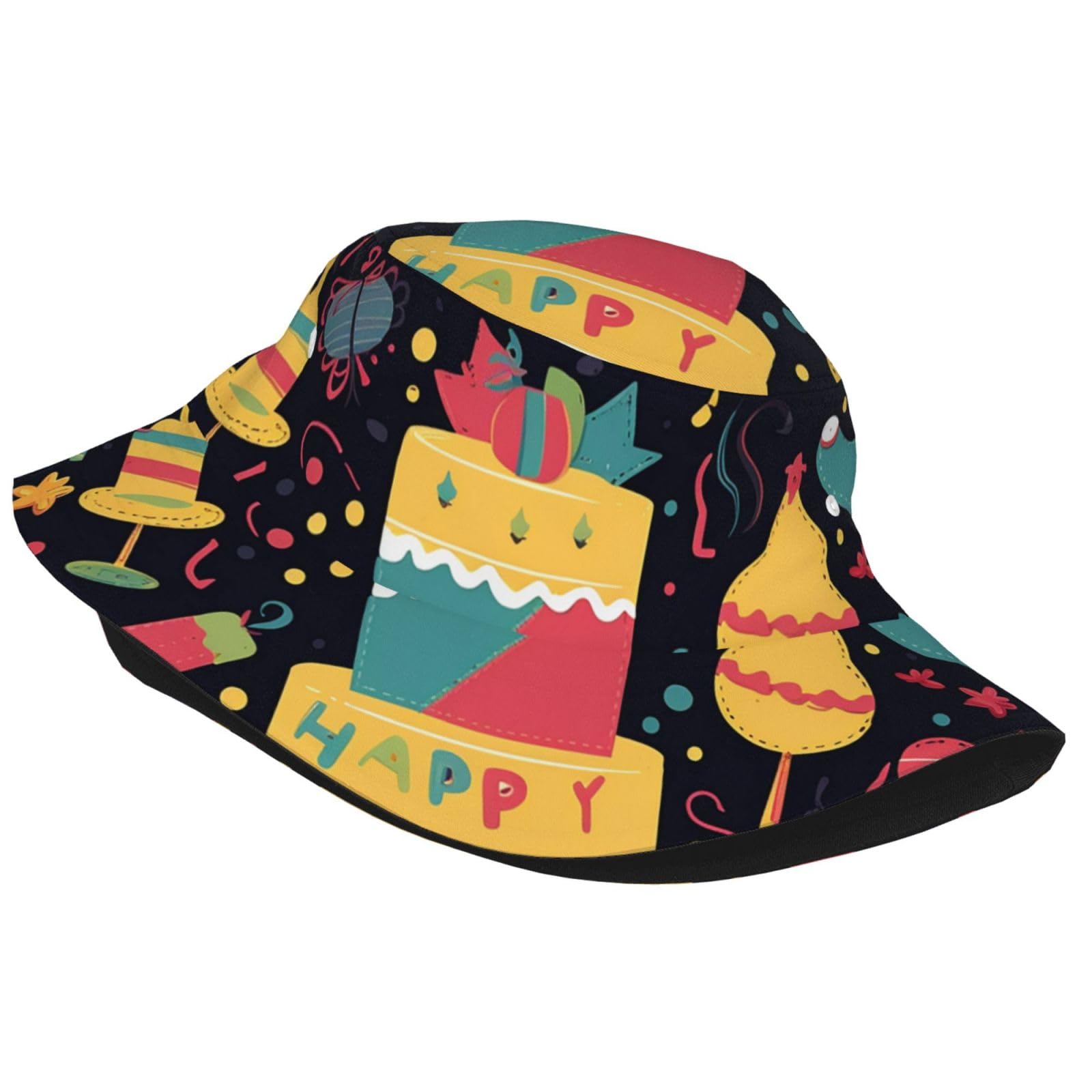Unisex Cute Bucket Hat Summer Travel Fisherman Cap Happy Birthday Images Beach Travel Sun Hat Outdoor Cap Black