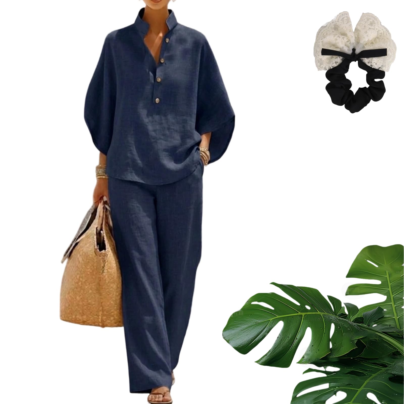 Damen Leinen-Baumwolle Zweiteiler Set – Lässiges Hemd mit Fledermausärmeln & Weite Hose Sommer Outfit Urlaub Casual Lounge Set