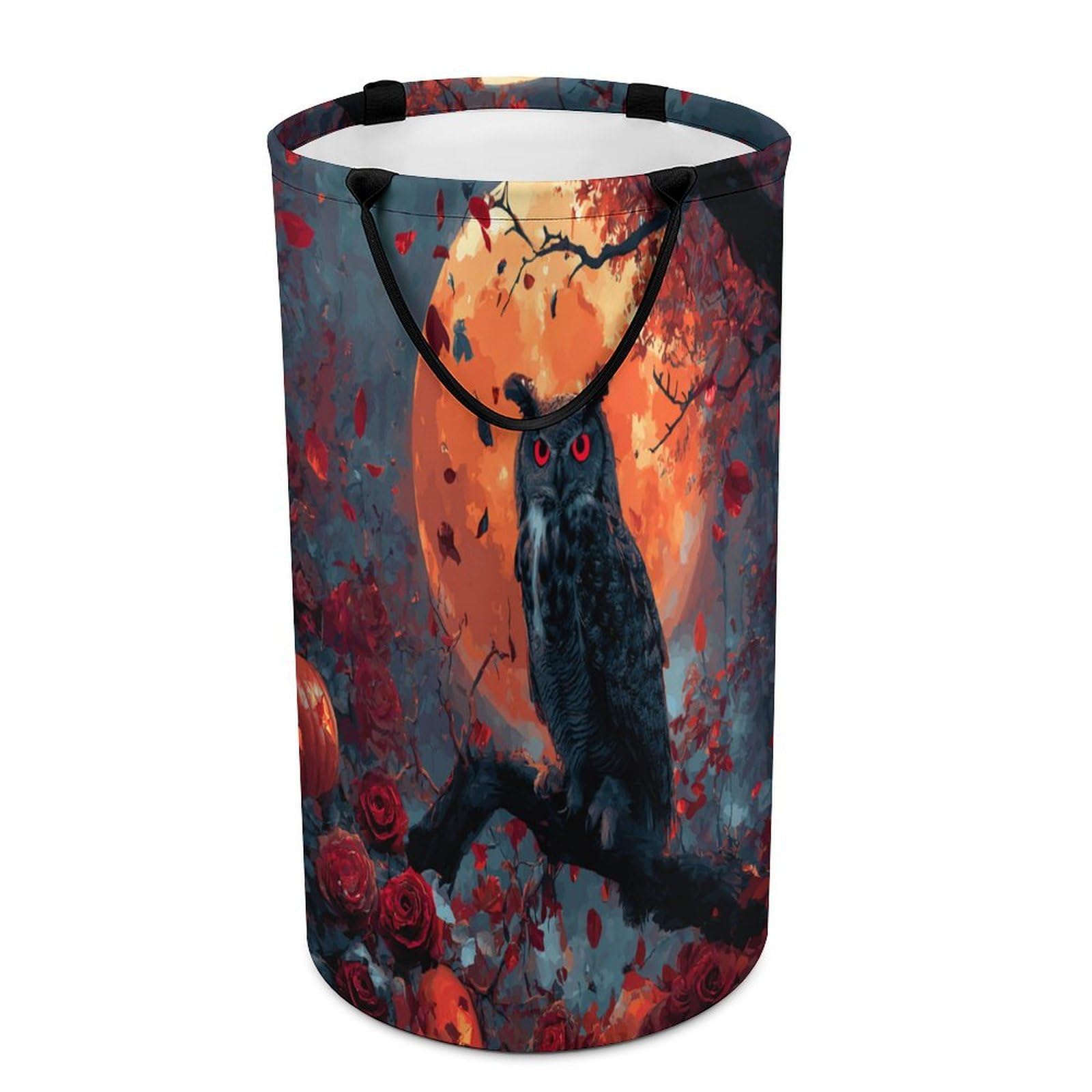 LUYYSKY Fantasy Gothic Animals Owls Collapsible Dirty Clothes Basket, Modern Vintage Halloween Full Moon Red Roses Pattern Portable Clothes Storage Basket