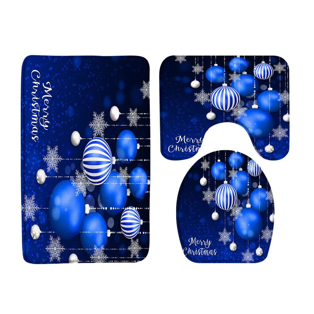 FGYGYK Merry Christmas 3 Pcs Bath Rugs Set,Blue Xmas Balls Snowflake Dreamy Winter Holiday Happy New Year Fantasy Bathroom Kitchen Rug with 16