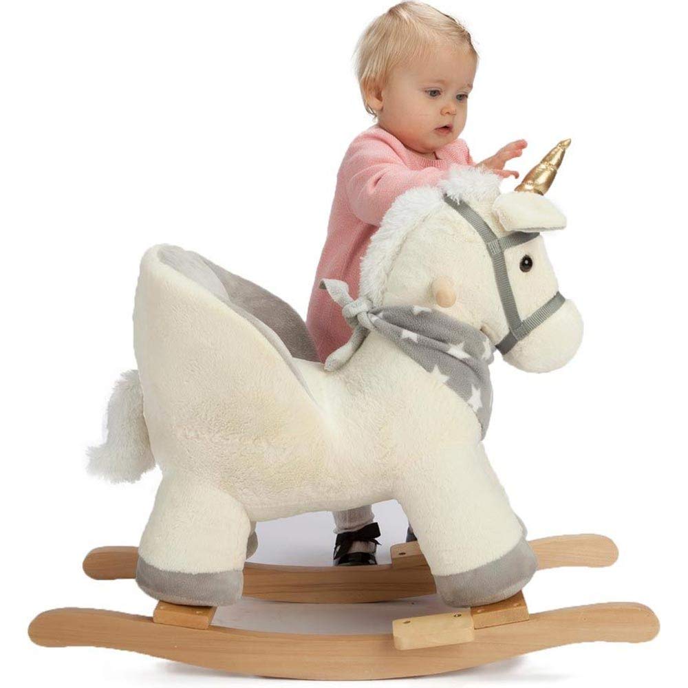 Bakaji Unicorno a Dondolo Cavalluccio Cavalcabile Peluche Giocattolo per Bambini con Effetti Sonori Maniglie e Cintura di Sicurezza Beige