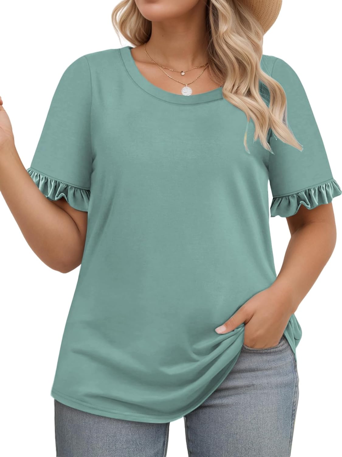 VISLILY Womens-Plus-Size-Summer-Tops Cute Ruffle Short Sleeve T Shirts Casual Crewneck Tunics Loose Blouses Tee XL-5XL - Image 2
