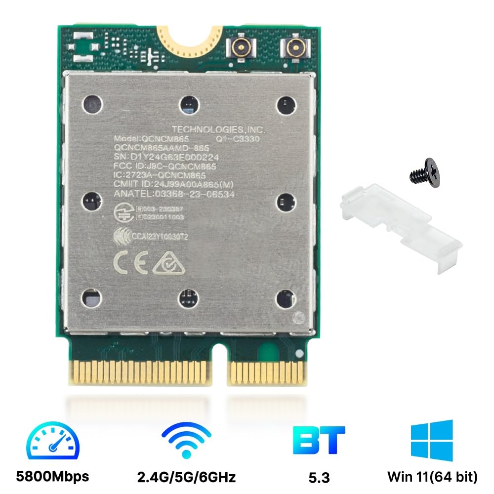 Karta WiFi 7 QCNCM865-5800Mbps M.2 Key E Tri-Band (2,4 G/5G/6 GHz) z 4K-QAM i BT 5.3, dla płyt głównych Intel, AMD, zoptymalizowana dla Windows 11 - karta sieciowa o bardzo niskim opóźnieniu