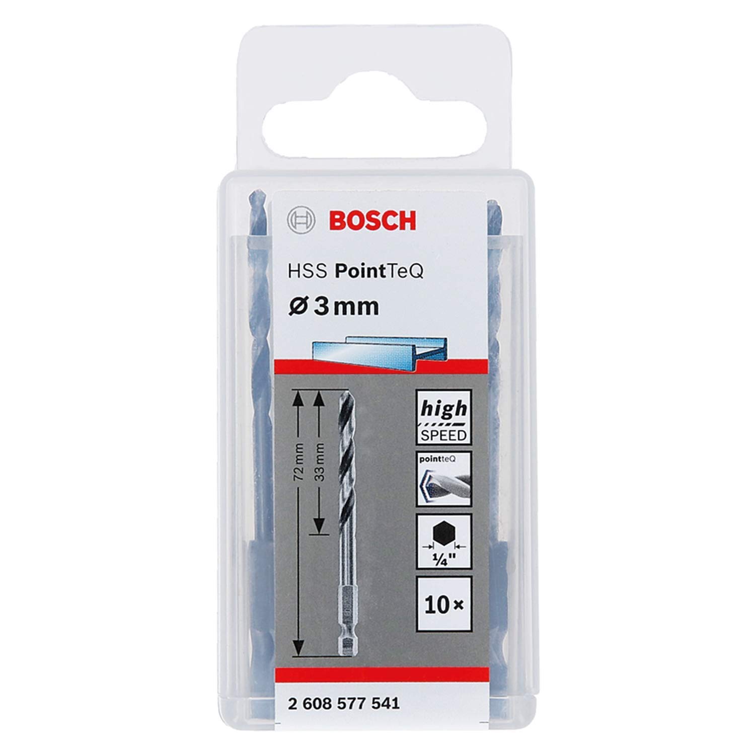 Bosch Black Professional 10Pc Pointteq Hex Drill Bit (For Metal, Ø: 3.0 Mm, Total Length: 72 Mm, ¼’’ Hex Shank, Accessory For Impact Drivers And Drill Drivers)