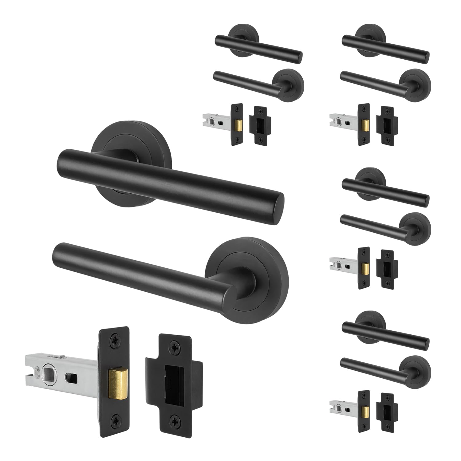 EAI Black Door Handles and Latch Set, 5 Pairs of Internal Matt T-Bar Round Rose Handles and Latch 64mm - Oliena Range