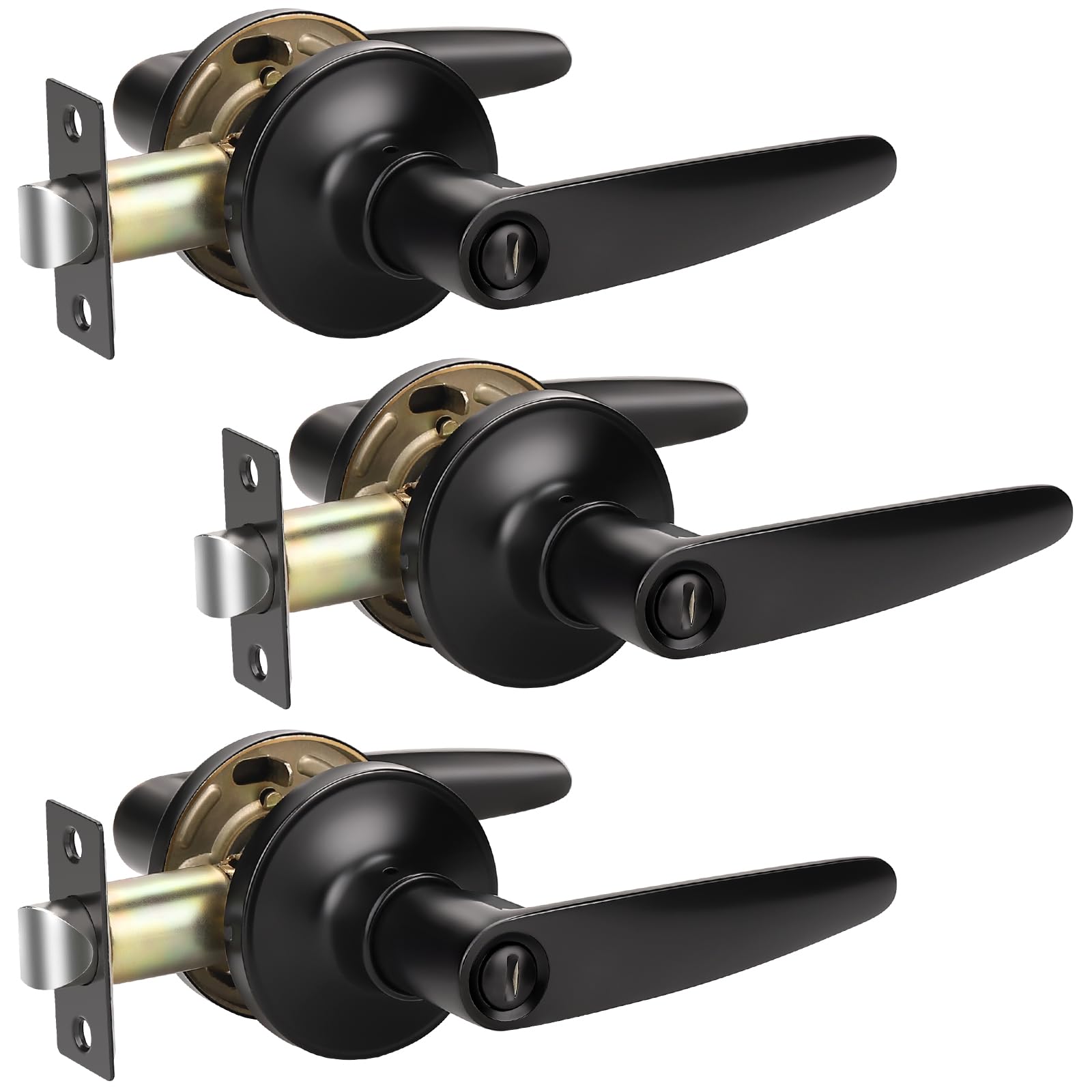 KNOBWELL 3 Pack Matte Black Door Handles with Lock, Privacy Door Levers keyless, Heavy Duty Door Locks for Bedroom and Bathroom, Zinc Alloy Door Knobs