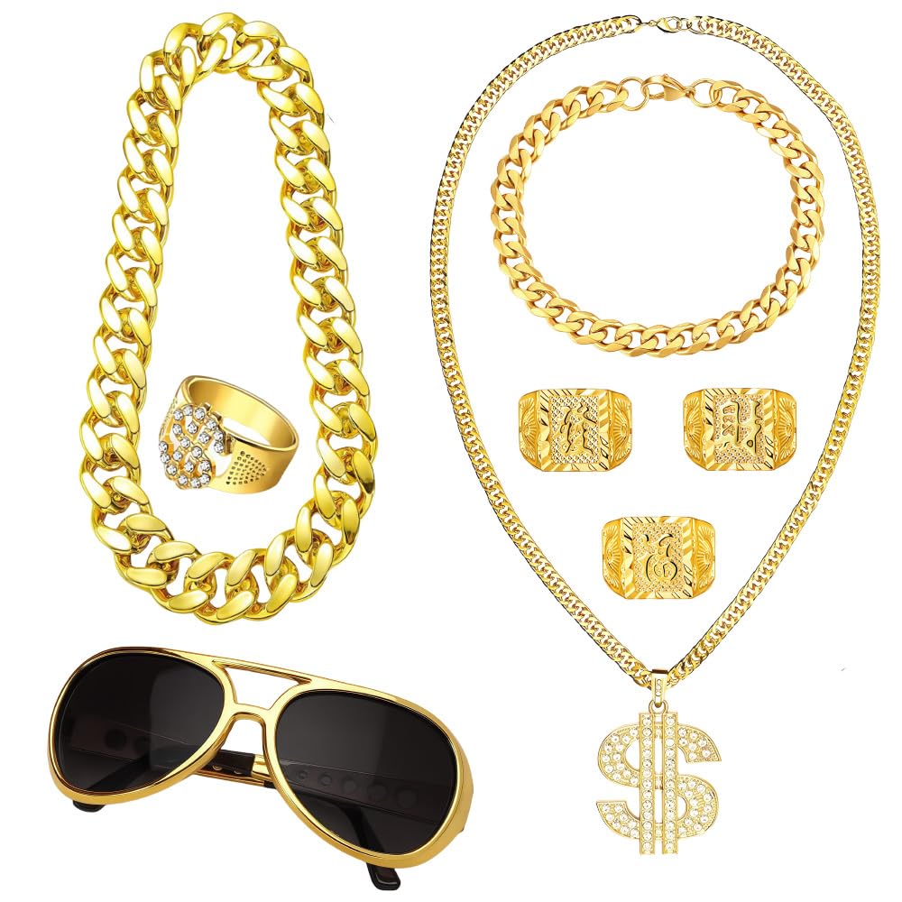 8 Pcs Hip Hop Costume Kit 70s 80s 90s Fancy Dress Men Women Fake Gold Chain Dollar Sign Necklace Sunglasses Bracelet Fake Gold Ring Disco Party Halloween Fancy Dress for Rapper Hippie Accessories