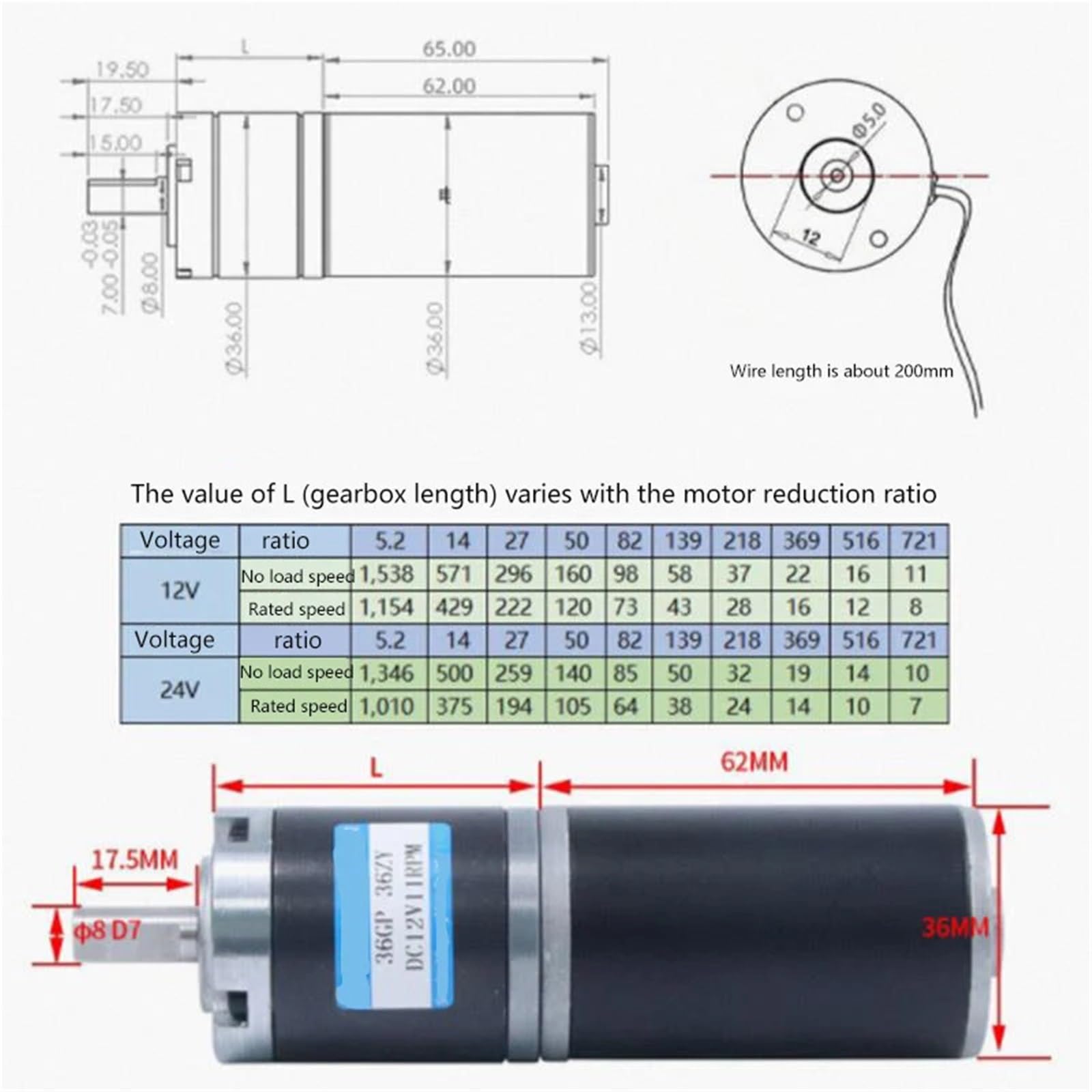 100 kg 36-36ZY Motore con riduttore epicicloidale a velocità regolabile, reversibile, a bassa rumorosità, a lunga durata, coppia elevata, 12 V 24 V CC(24V,37rpm,Shaft diameter 6mm)