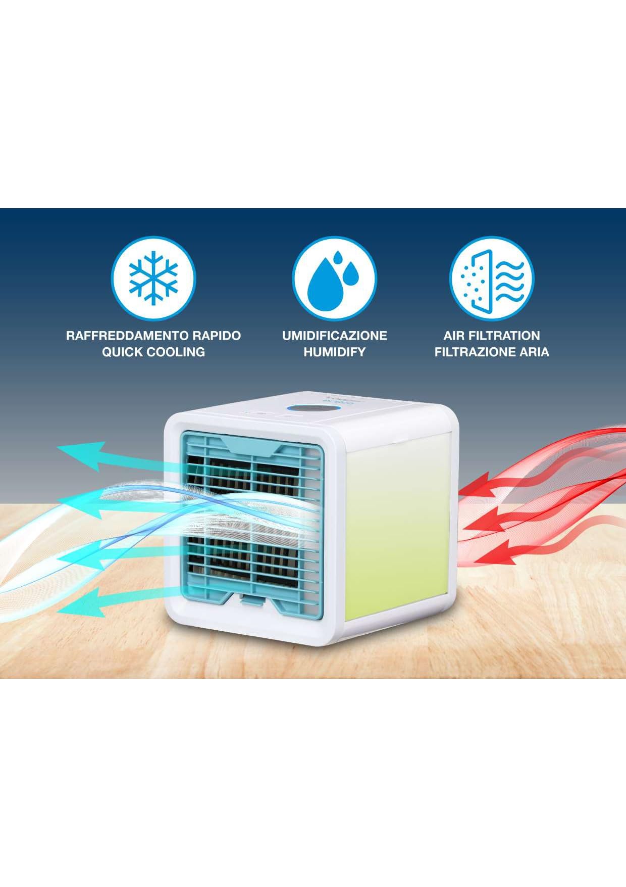 Beper P206RAF200 Mini Raffrescatore Da Tavolo, Umidificatore, Climatizzatore Personale Portatile, Cavo USB, 3 Velocità, 7 Luci Led Cromoterapia, Mini Air Cooler