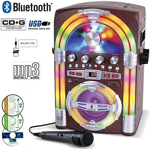 Singing Machine Mini Jukebox Bluetooth Karaoke Machine, Plays Music CDs and CDG+ Songs with Lyrics on TV, LED Lights, 2 Mic Input. RECORDING USB Port. Link Smart Phone, Tablet. Party Pack 1, 3 CD Inc