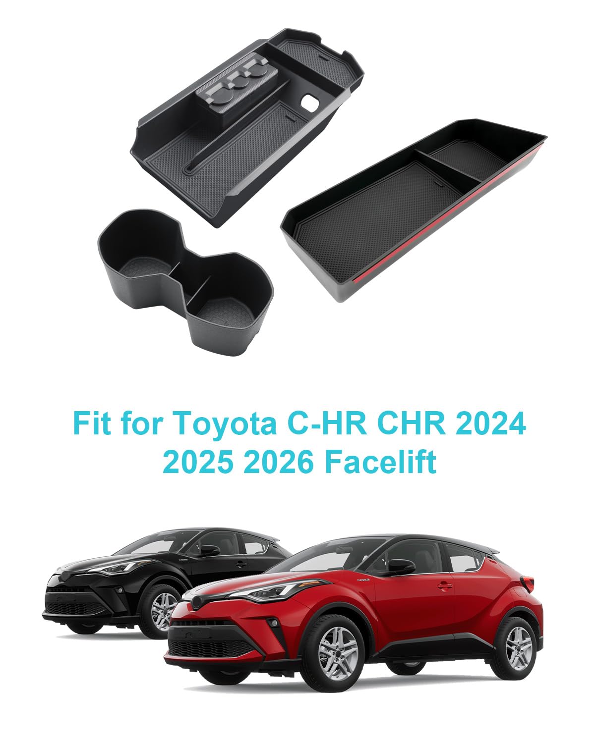 CDEFG Kompatybilny z Toyota C-HR CHR 2024 2025, konsola środkowa, organizer i uchwyt na napoje, pudełko do przechowywania, konsola samochodowa CHR Hybrid 2025, akcesoria [3 sztuki]