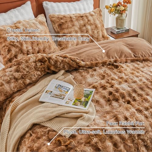 Image of EMME Faux Fur Duvet Cover Queen Size, 3 Pieces Ultra Soft Fluffy Comforter Cover, Cozy Warm for Winter, Luxury Shaggy Bubble Design Bedding, 1 Duvet Cover & 2 Pillow Shams (Queen, Tie Dye Taupe)