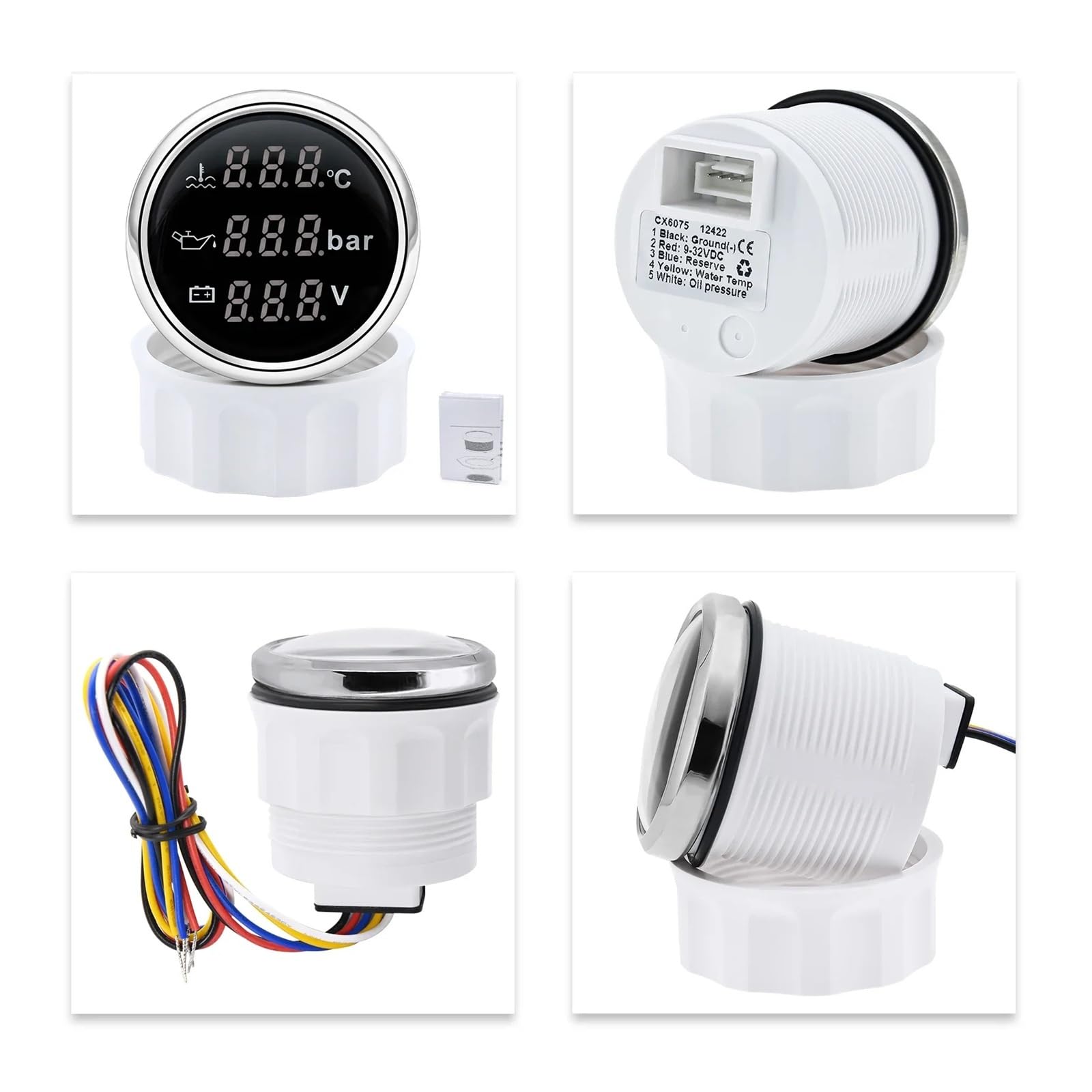 3-in-1-Wassertemperaturanzeige, Öldruckanzeige, Voltmeter, 52-mm-Multifunktionsmessgerät mit roter Hintergrundbeleuchtung Klares Lesen(Black silver)