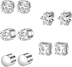 OHREN 5 paires Boucles d'oreilles magnétiques, sans piercing, Boucle aimantée homme, Fausse boucle d'oreille homme, Boucles d'oreilles pour homme (Rond/Quadratique) (Argent)